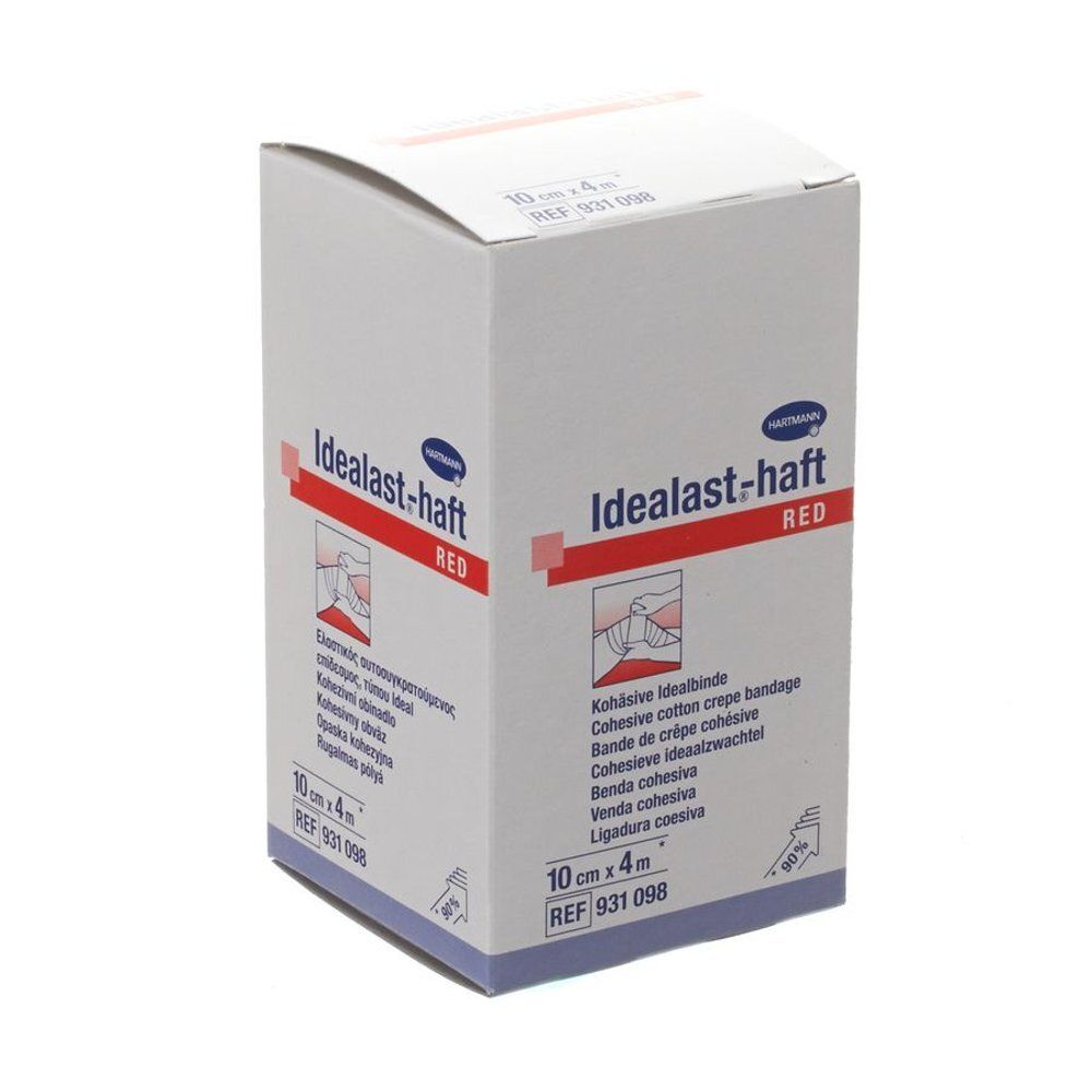Witte doos met rode tekst Idealast-haft RED. Opdruk: 10 cm x 4 m, REF 931 098. Afbeelding van een verband.