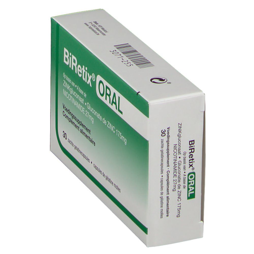 Boîte BiRetix Oral en biais. Emballage vert et blanc. Inscription : BiRetix Oral. Contient 30 gélules.