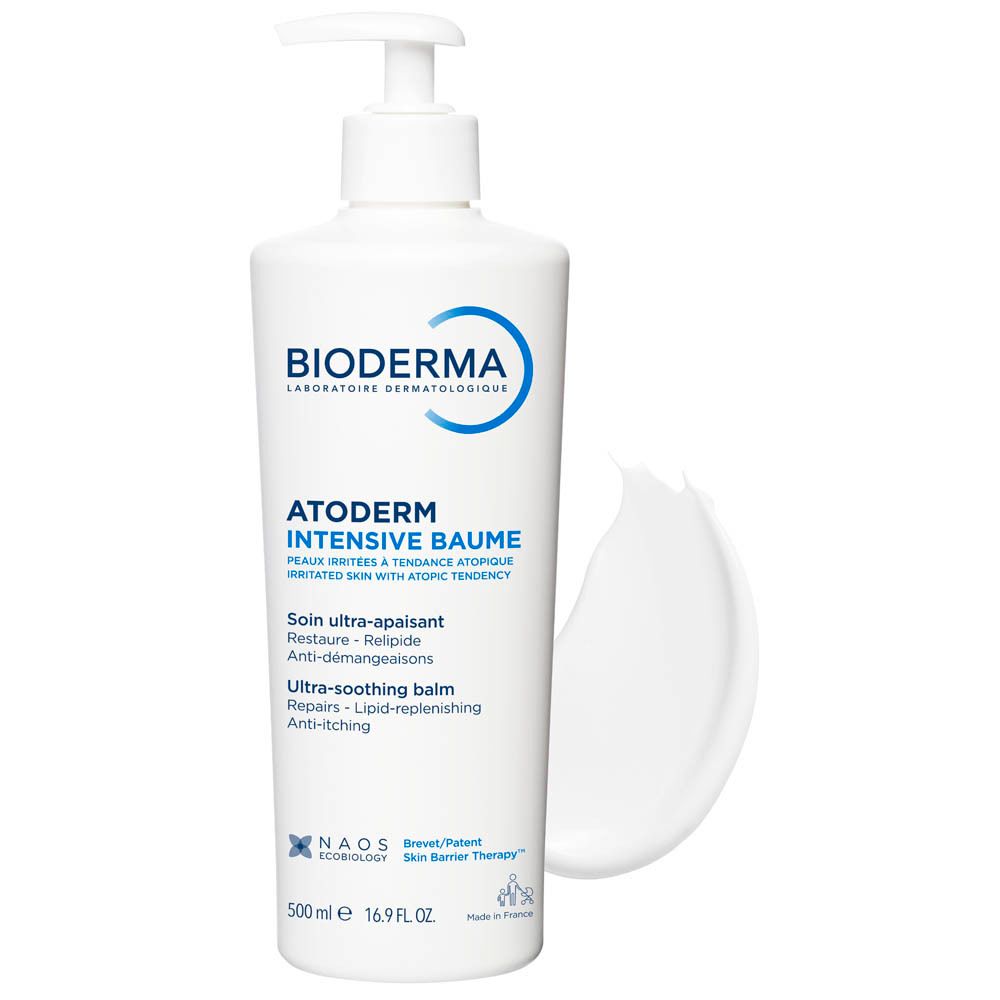 Flacon blanc avec pompe. Inscriptions: BIODERMA, Atoderm Intensive Baume. Texte multilingue.