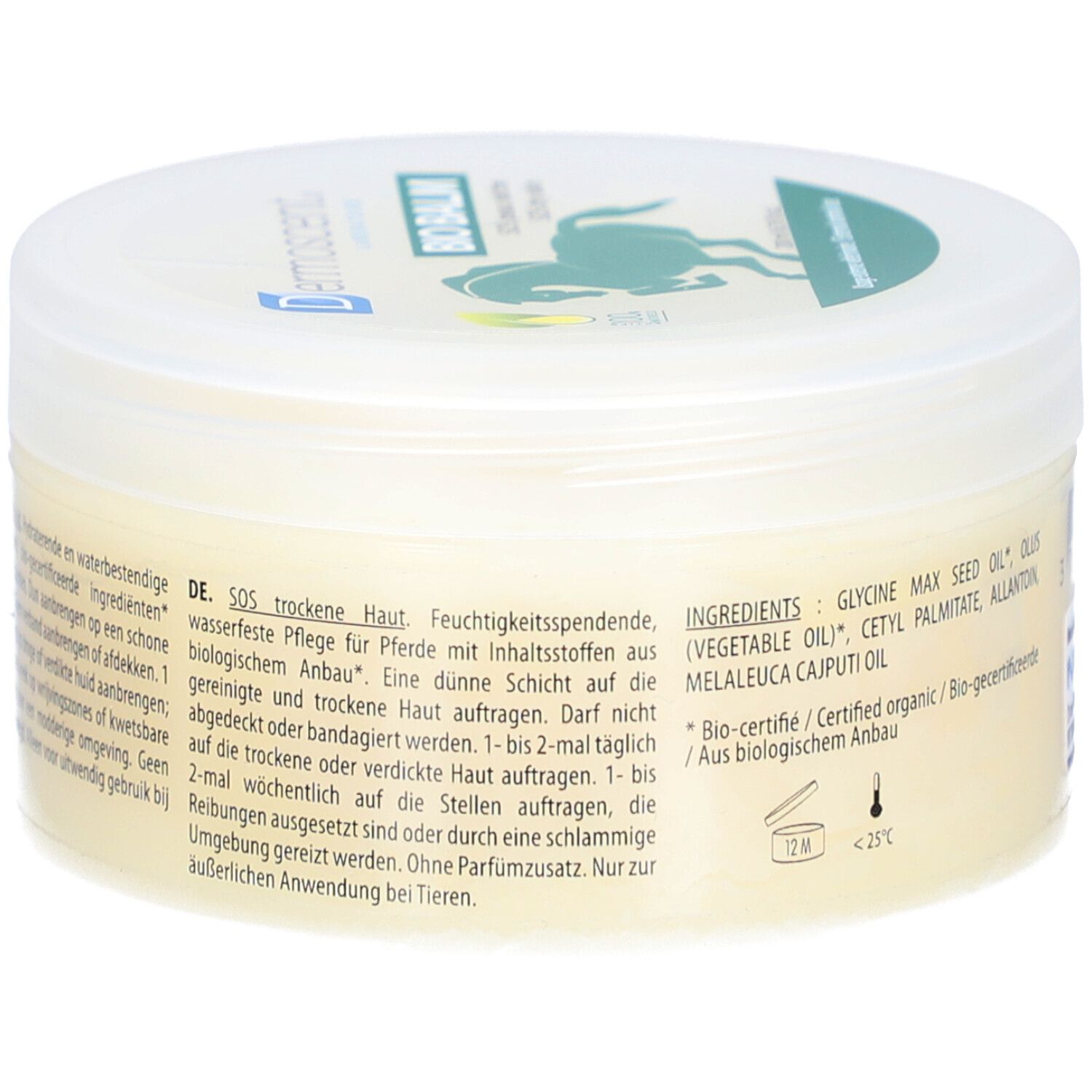 Crème pot met "Dermoscent Bio Balm". Label met ingrediënten en gebruiksaanwijzing. Deksel met logo.