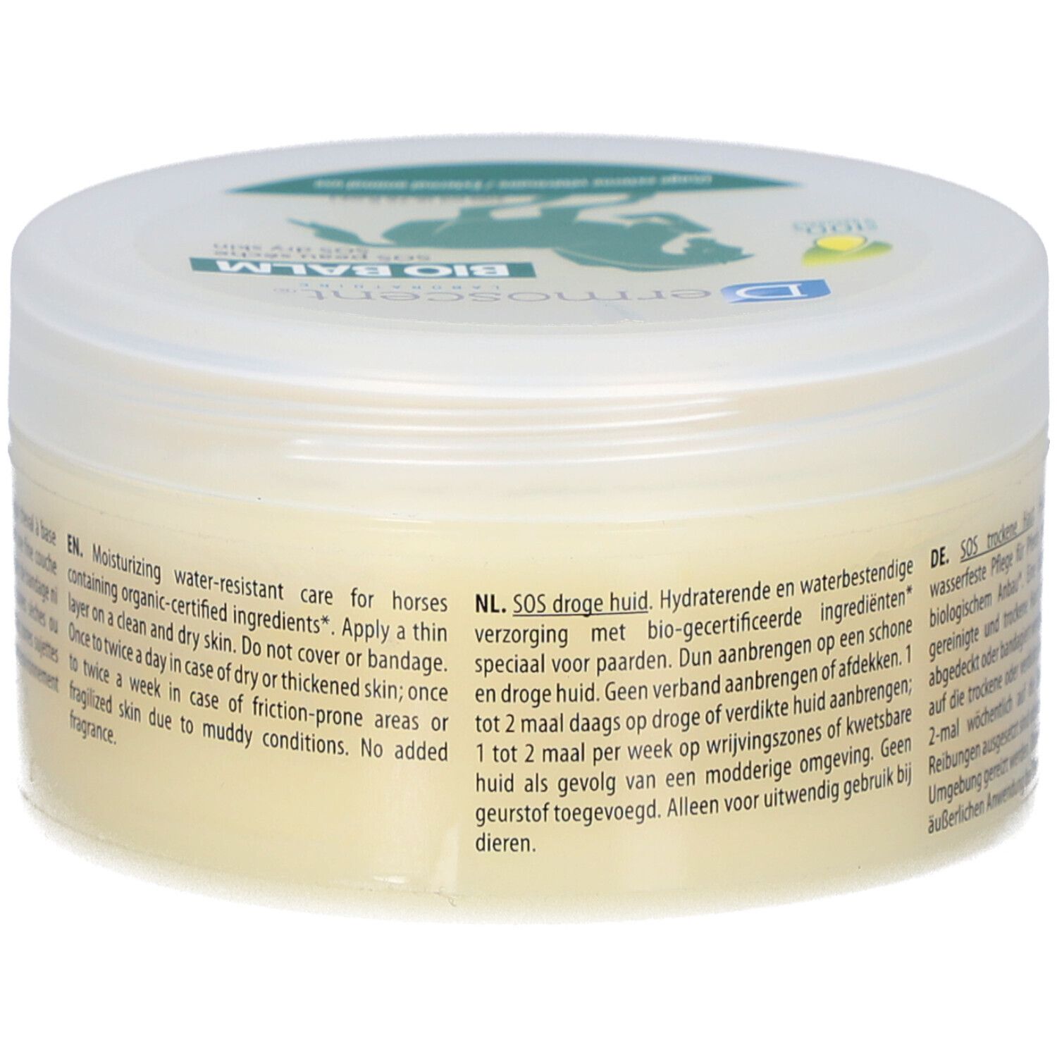 Crème pot met "Dermoscent Bio Balm". Label met ingrediënten en gebruiksaanwijzing. Deksel met logo.