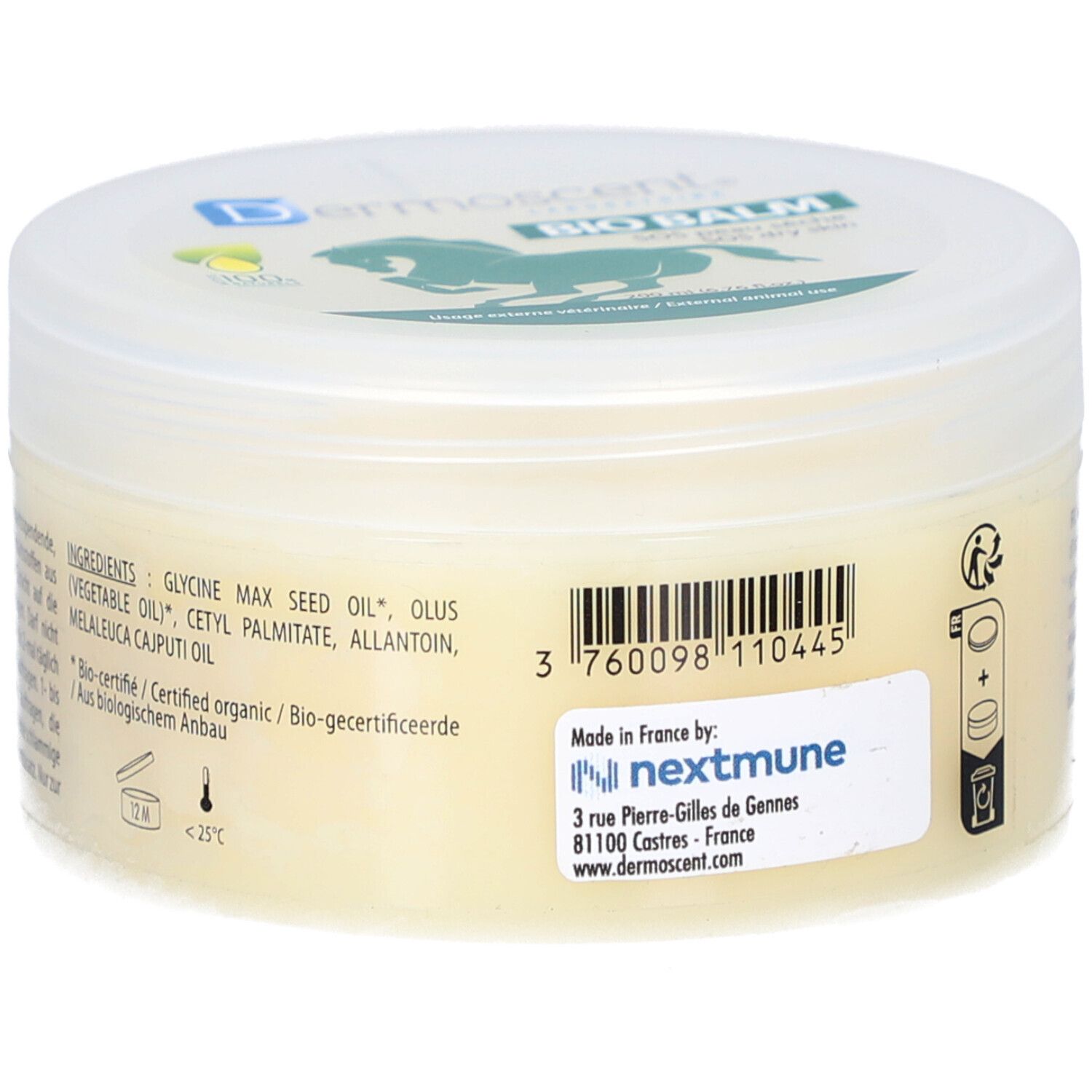 Crème pot met "Dermoscent Bio Balm". Label met ingrediënten en fabrikantinfo. Deksel met logo.
