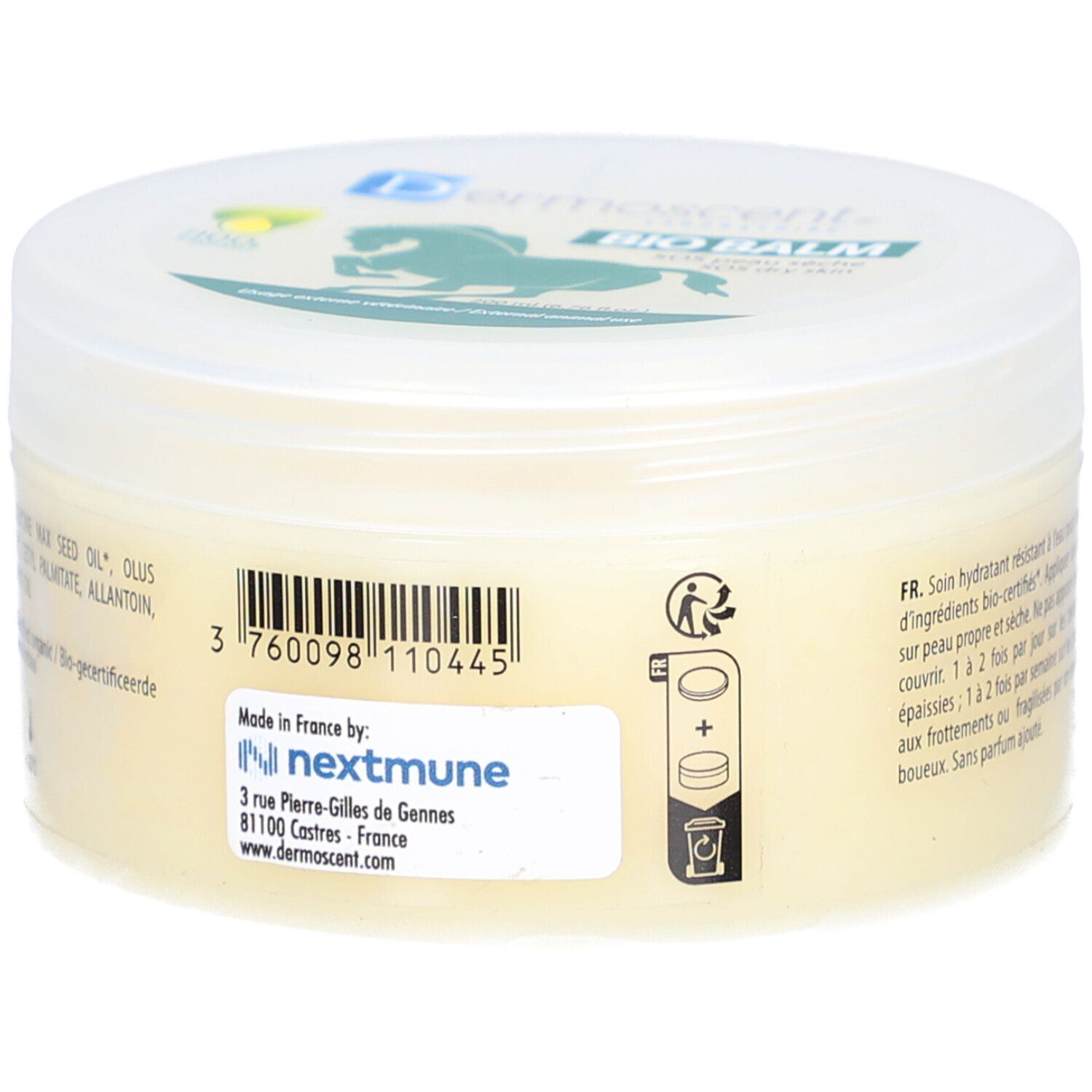 Crème pot met "Dermoscent Bio Balm". Label met ingrediënten en gebruiksaanwijzing. Deksel met logo.
