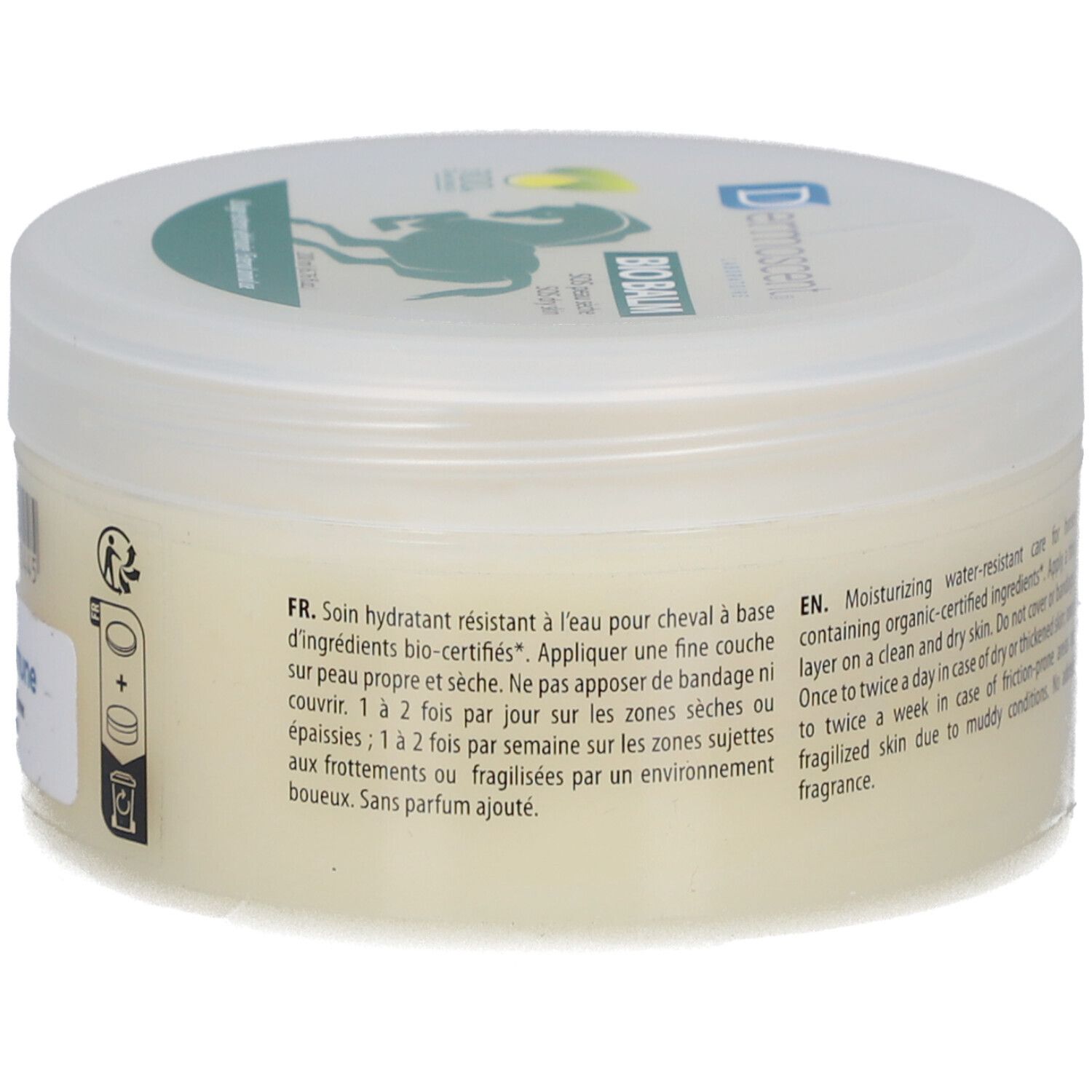 Crème pot met "Dermoscent Bio Balm". Label met ingrediënten en gebruiksaanwijzing. Deksel met logo.