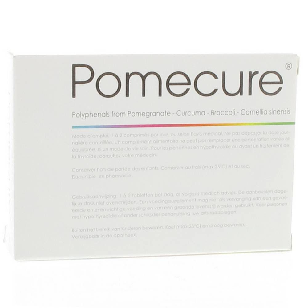 Boîte blanche avec le nom du produit Pomecure. Inscription : Polyphénols de grenade, curcuma, brocoli, Camellia sinensis.