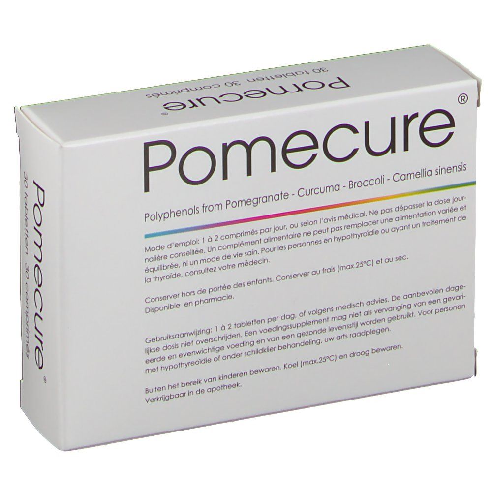 Boîte blanche avec le nom du produit Pomecure et l'inscription '30 comprimés'. Texte : Polyphénols de grenade, curcuma, brocoli, Camellia sinensis.
