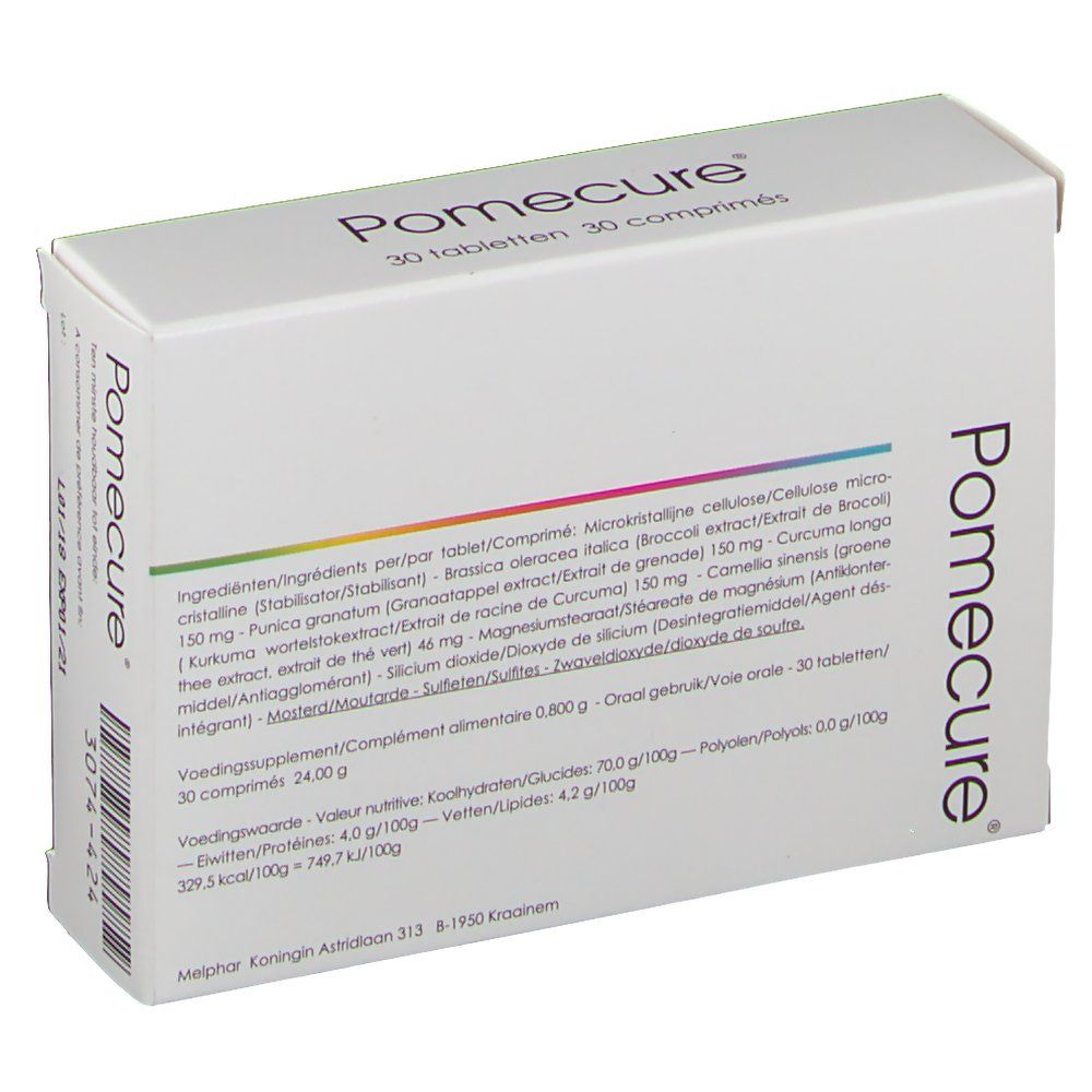 Boîte blanche avec le nom du produit Pomecure et l'inscription '30 comprimés'. Au dos : liste des ingrédients et informations nutritionnelles.