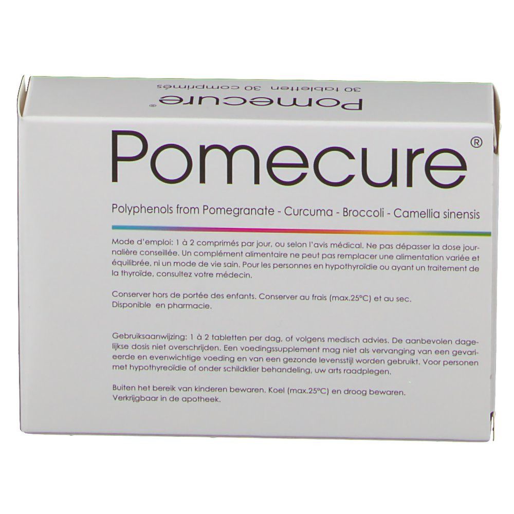 Boîte blanche avec le nom du produit Pomecure. Inscription : Polyphénols de grenade, curcuma, brocoli, Camellia sinensis. Texte en plusieurs langues.