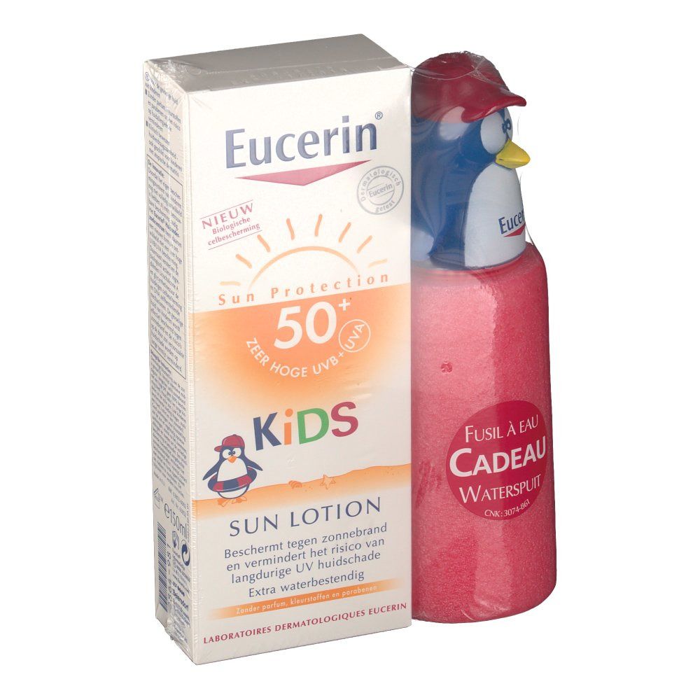 Zonnebrandlotion Kids SPF50+ en waterspeelgoed. Verpakking met productnaam en pinguïn illustratie. Tekst: Sun Lotion, extra waterbestendig.