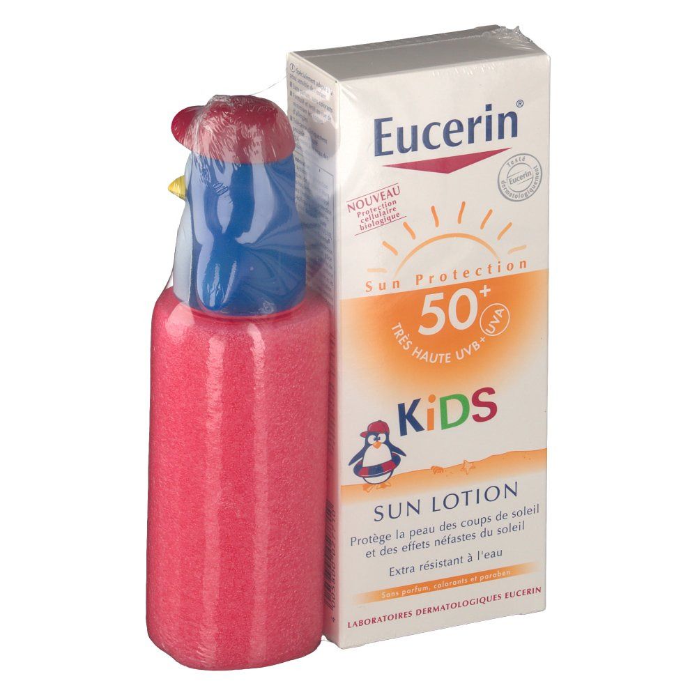 Zonnebrandlotion Kids SPF50+ en waterspeelgoed. Verpakking met productnaam en pinguïn illustratie. Tekst: Sun Lotion, extra waterbestendig.