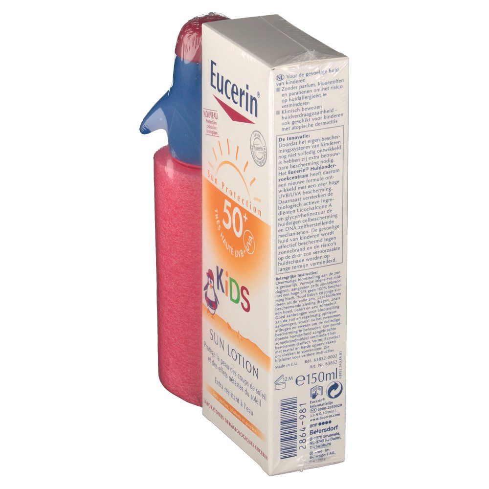 Zonnebrandlotion Kids SPF50+ en waterspeelgoed. Verpakking met productnaam en pinguïn illustratie. Tekst: Sun Lotion, 150ml.