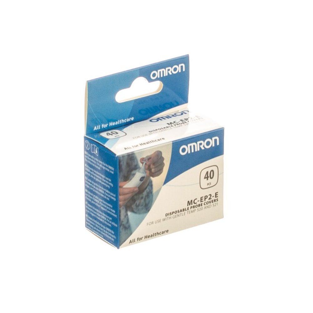 OMRON-verpakking met 40 beschermhoezen voor oorthermometer. Blauwe doos met productnaam en logo.