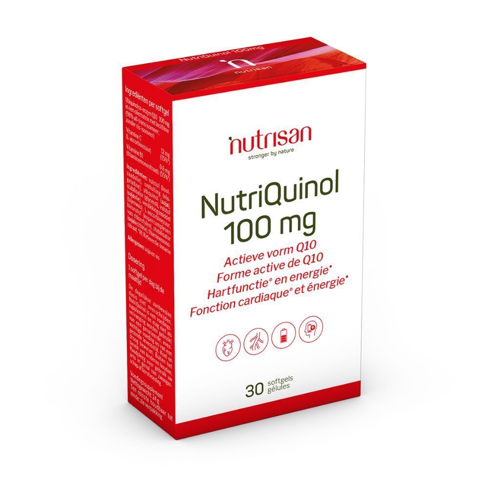 Doos Nutrisan Nutriquinol 100 mg. Rode en witte verpakking. Bevat 30 softgels. Tekst in het Frans en Nederlands.