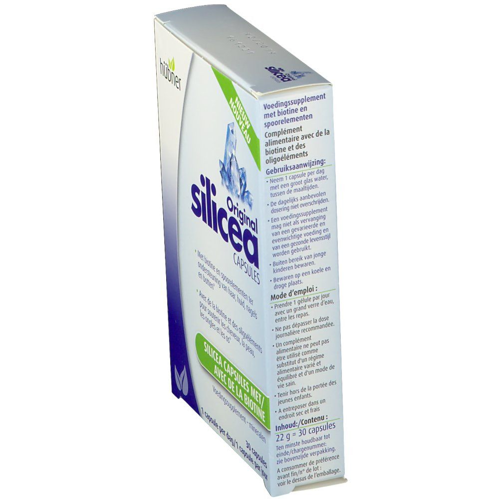 Boîte "Original Silicea Cápsulas". Vue latérale. Texte: "Voedingssupplement met biotine en sporenelementen".