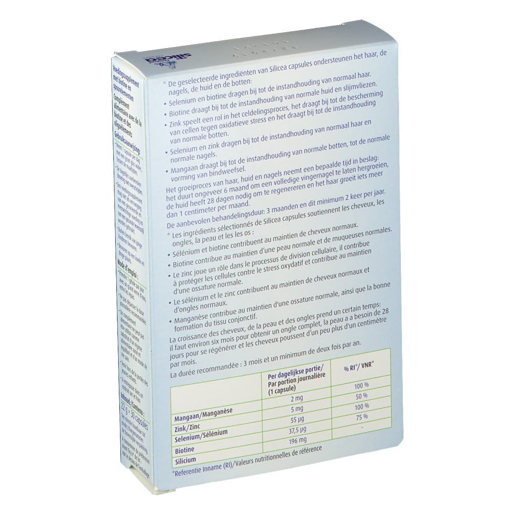 Dos de la boîte "Original Silicea Cápsulas". Texte sur les ingrédients et la valeur nutritionnelle.