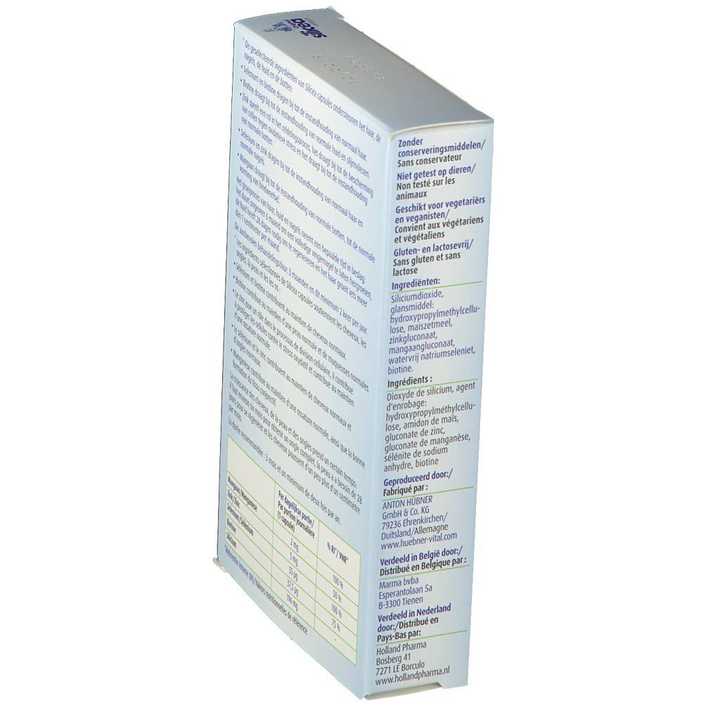 Côté de la boîte "Original Silicea Cápsulas". Texte sur les ingrédients et le fabricant.