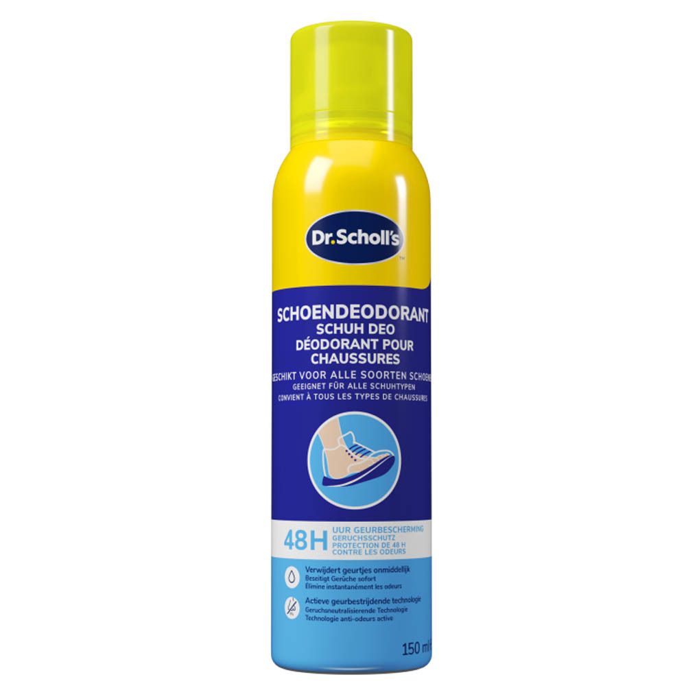 Gele en blauwe spuitbus met gele dop. Opschrift: Dr. Scholl's, schoenendeo, 48H bescherming. 150 ml.