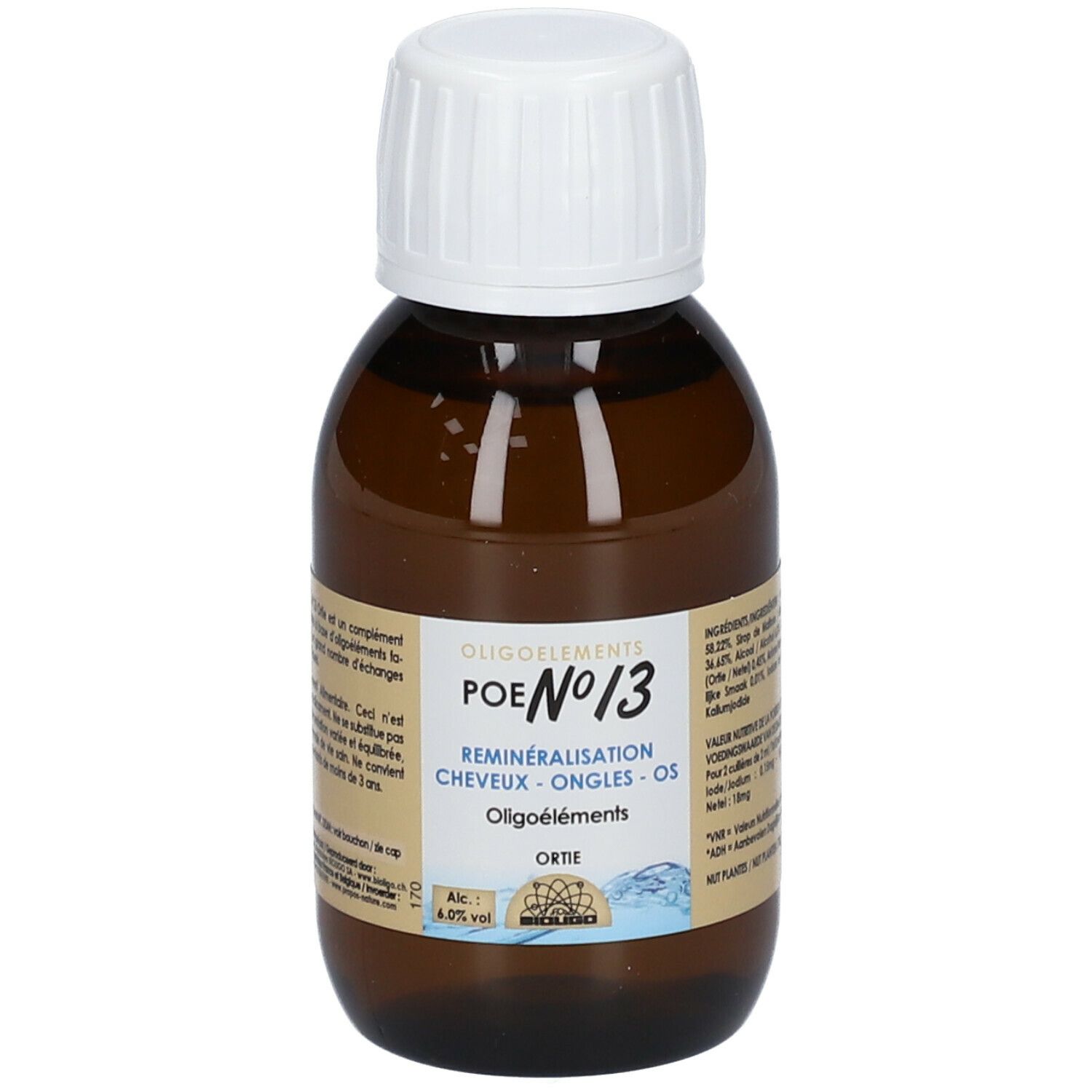 Bruine glazen fles met witte dop. Etiket met productinformatie. Tekst: POE N°13, Oligoéléments, Ortie.