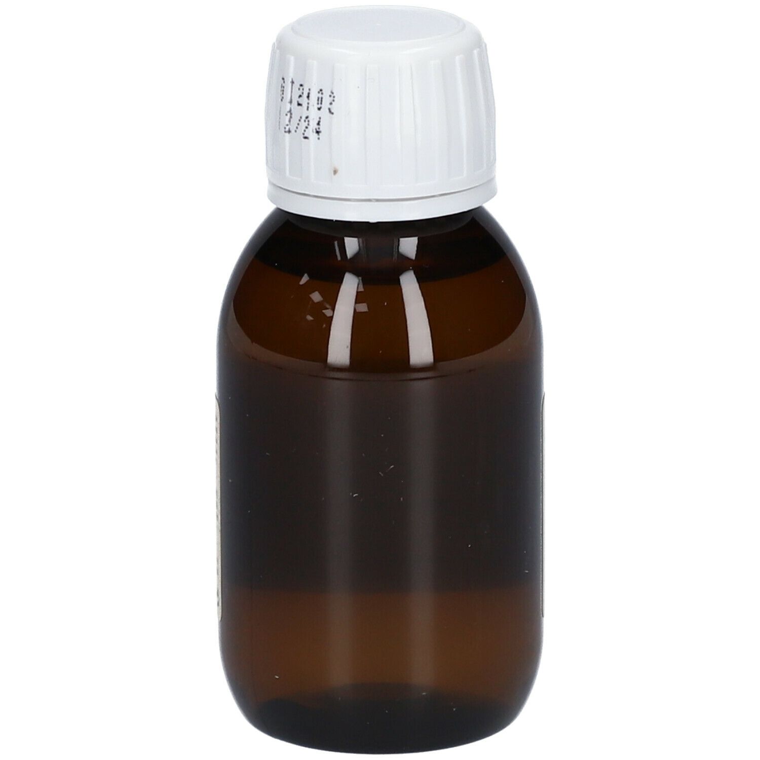 Bruine glazen fles met witte dop. Houdbaarheidsdatum op de dop gedrukt.