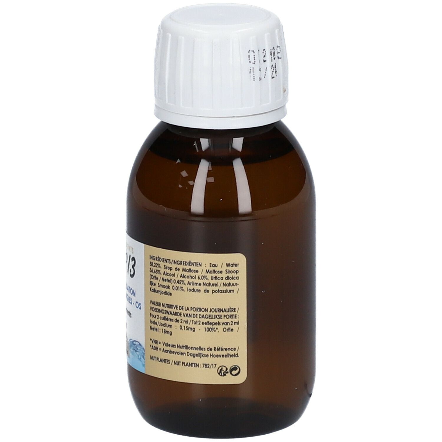 Bruine glazen fles met witte dop. Etiket met ingrediënten en voedingswaarde. Tekst: POE N°13, Oligoéléments.