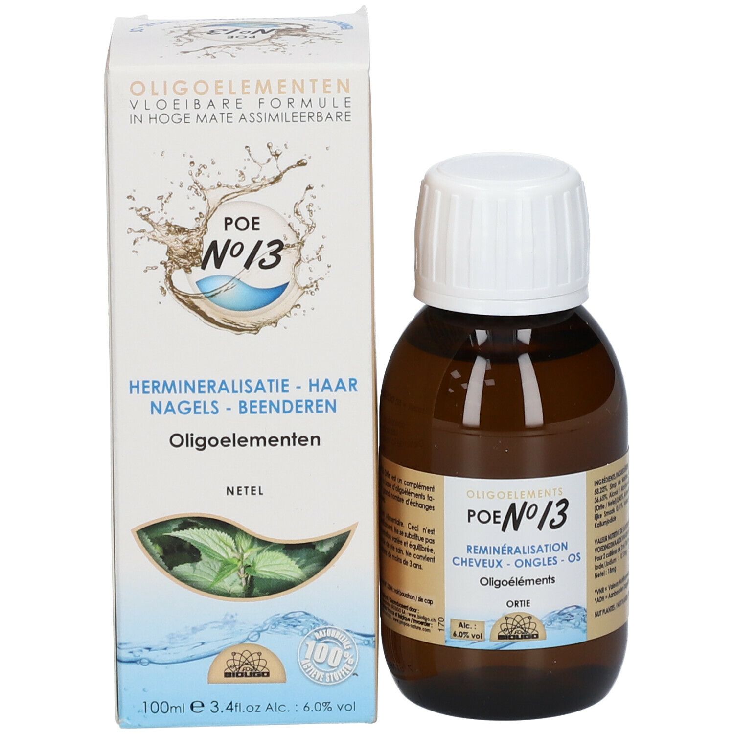 Productverpakking en fles. Verpakking met productnaam en logo. Fles: bruin glas, witte dop.