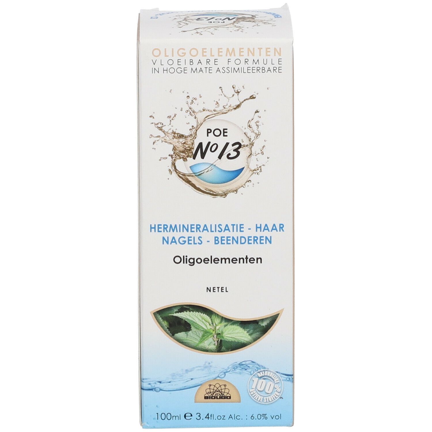 Productverpakking. Witte doos met productnaam en logo. Tekst: POE N°13, Oligoéléments, Hermineralsatie.