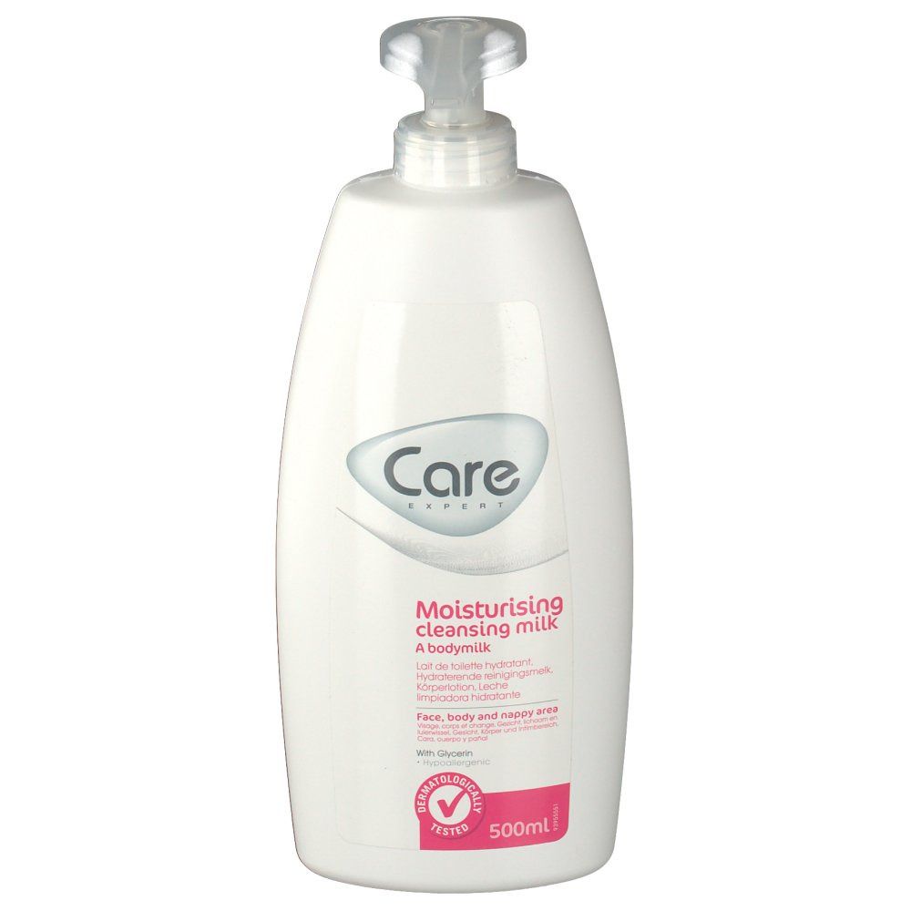 Witte fles met pomp. Opschrift: Care Expert, Moisturising cleansing milk. Roze etiket met tekst en 500ml. Getest.