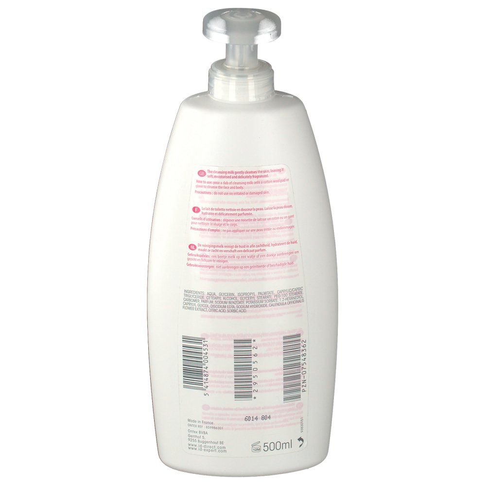 Achterkant van de witte fles met pomp. Tekst in meerdere talen. Barcode en 500ml. Ingrediënten en fabrikant informatie.