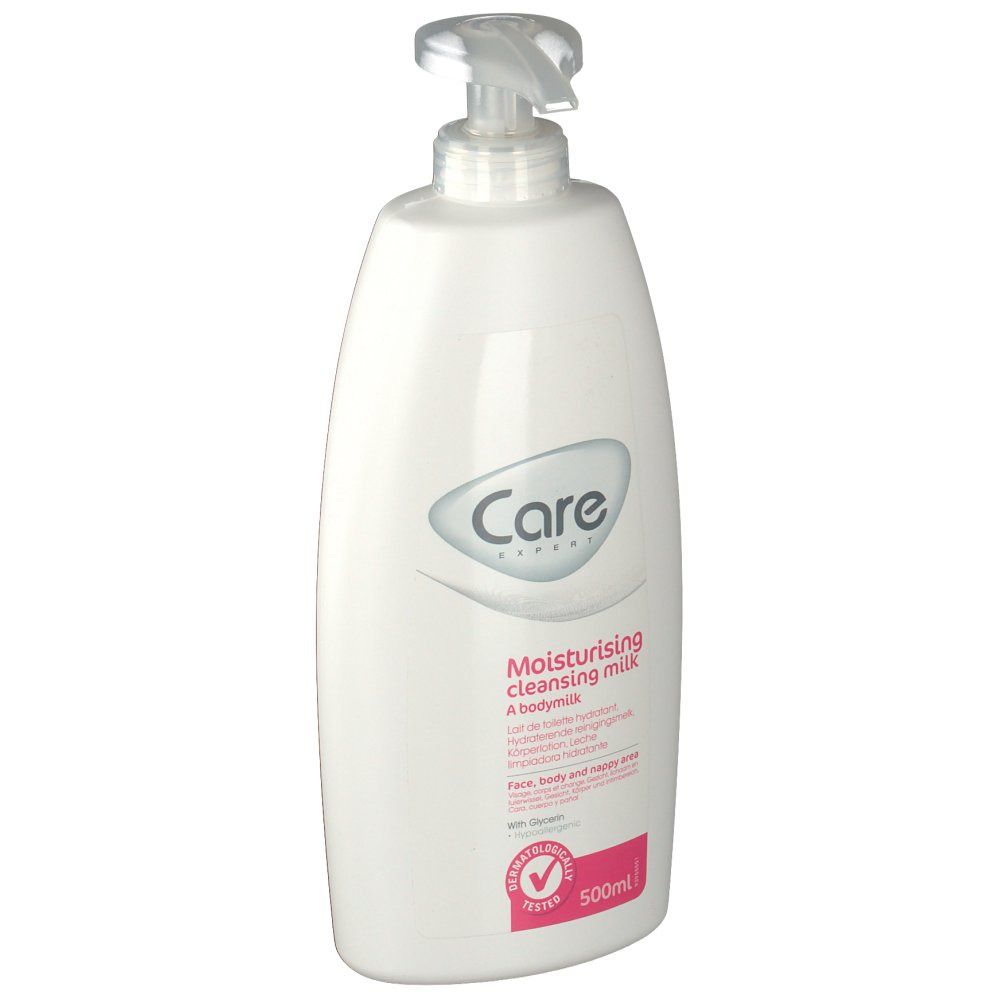 Witte fles met pomp. Opschrift: Care Expert, Moisturising cleansing milk. Roze etiket met tekst en 500ml. Getest.