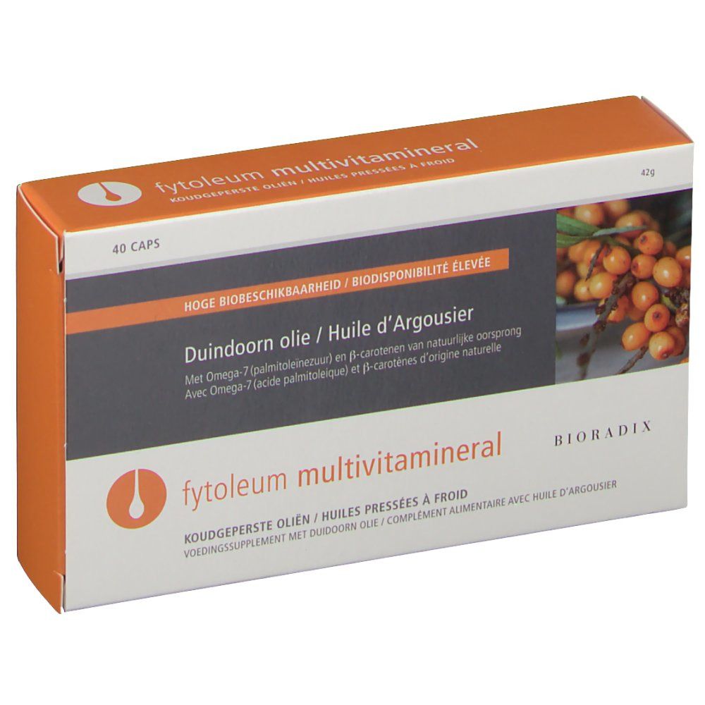Boîte en carton avec nom du produit et image. Texte en allemand, français et néerlandais. Contient 40 capsules.