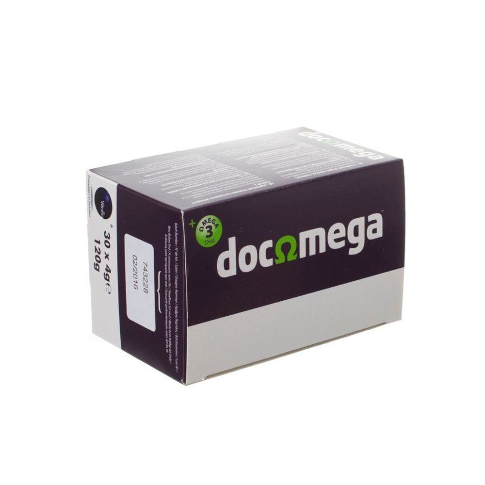 Doos van Docomega. Opschrift: docomega, Omega 3. Op de zijkant: 30 x 4g, 120g. Kleuren: wit, paars en groen.