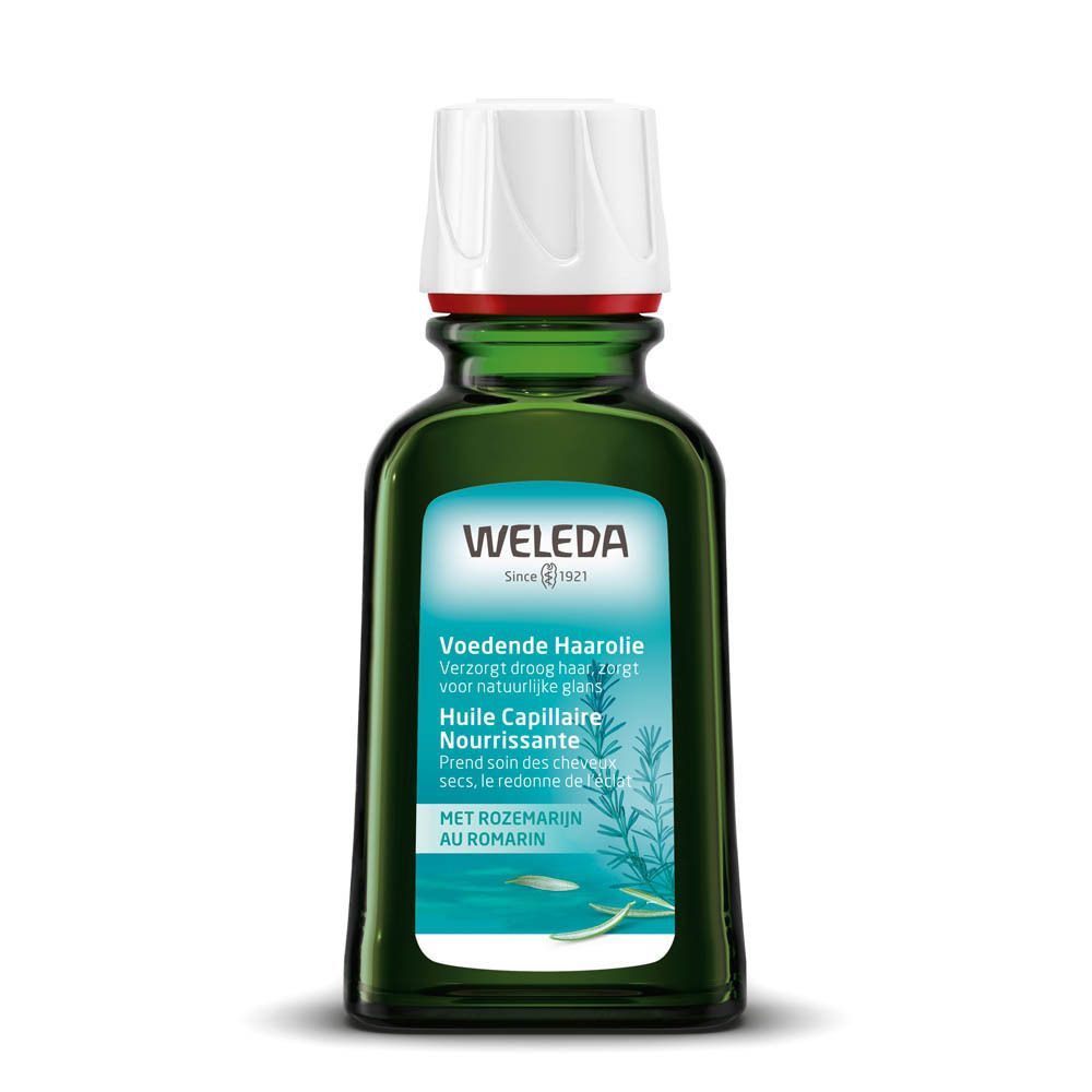 Flacon en verre vert avec bouchon blanc. Inscriptions: WELEDA, Huile Capillaire Nourrissante, 1.7 FL OZ (50ml).