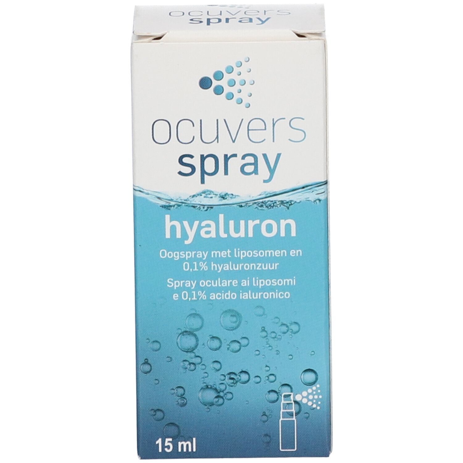 Emballage en carton. Inscription Ocuvers Spray, hyaluron. 15 ml. Illustration du produit.