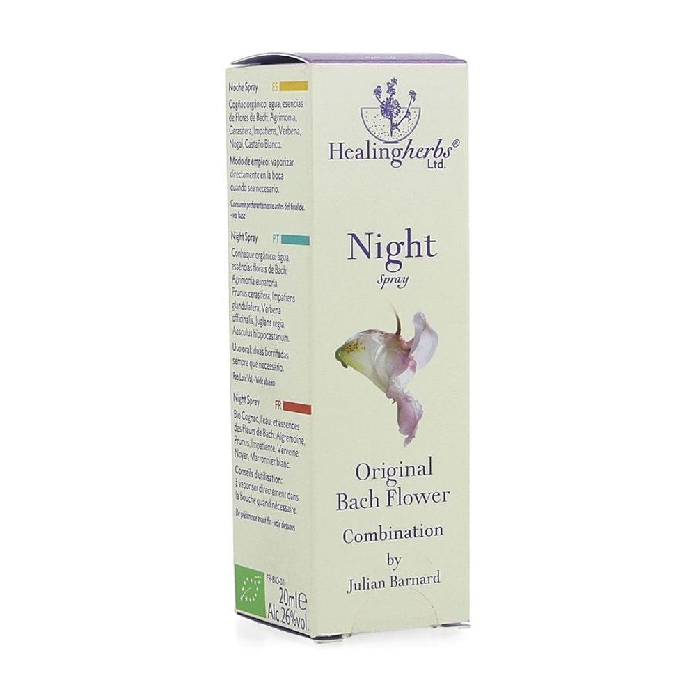 Kartonnen verpakking met de tekst "Night Spray". Bevat een afbeelding van een bloem en de tekst "Original Bach Flower Combination".