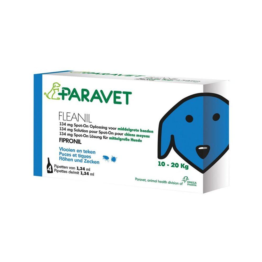 Verpakking van Paravet Fleanil. Bevat spot-on oplossing voor honden. Afbeelding van een blauwe hond en gewichtsaanduiding 10-20 kg.
