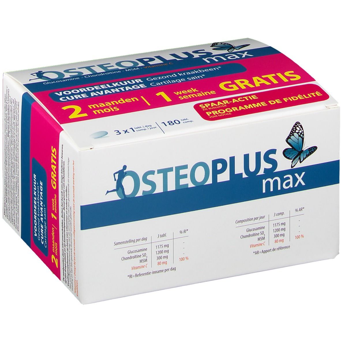 Osteoplus max Pack. Witte verpakking met blauwe en roze tekst. Bevat 180 tabletten. Gratis actie.