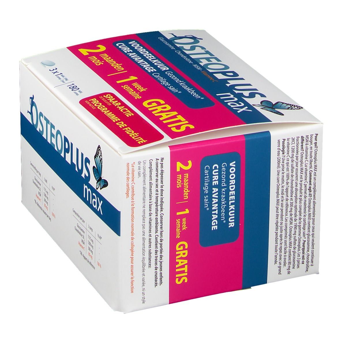 Osteoplus max Pack. Witte verpakking met blauwe en roze tekst. Bevat 180 tabletten. Gratis actie.