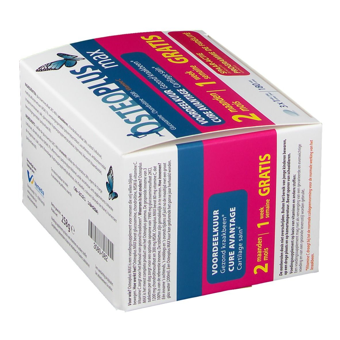 Osteoplus max Pack. Witte verpakking met blauwe en roze tekst. Bevat 180 tabletten. Gratis actie.