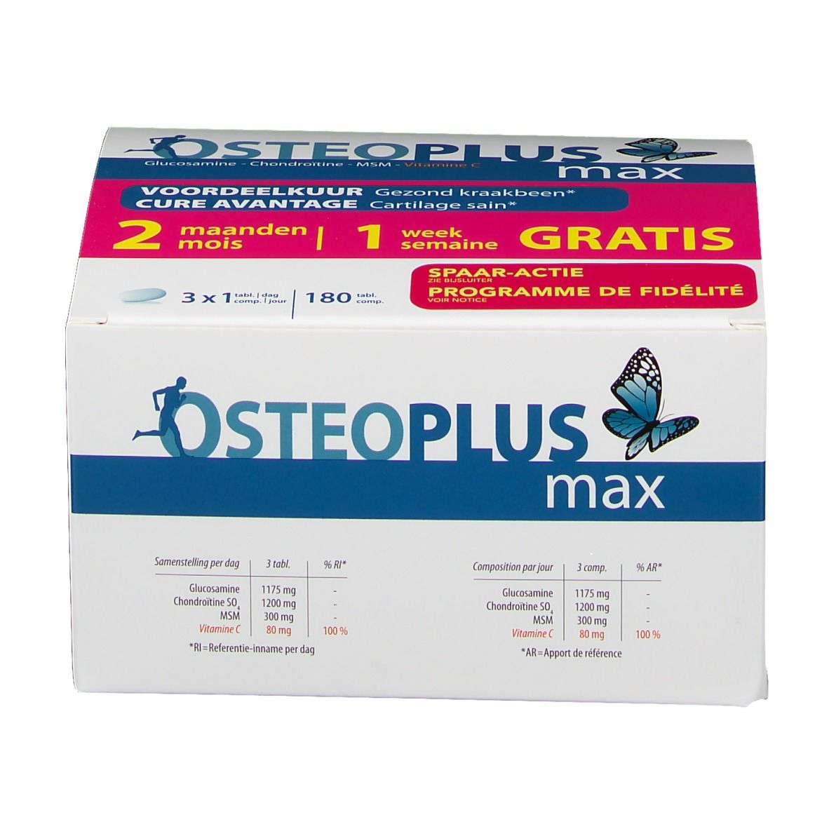 Osteoplus max Pack. Witte verpakking met blauwe en roze tekst. Bevat 180 tabletten. Gratis actie.
