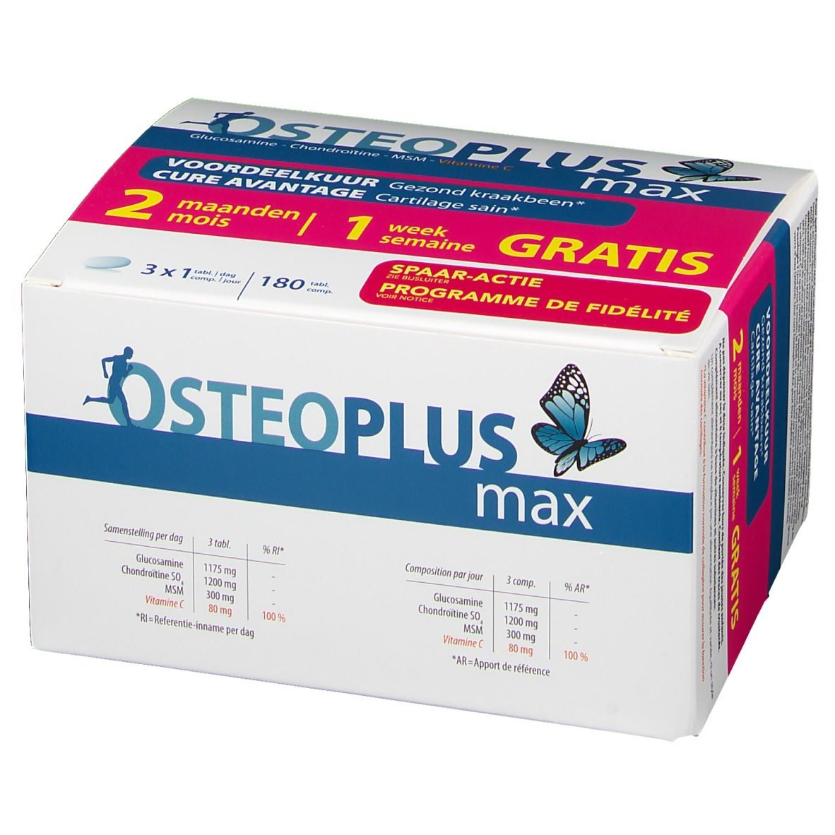 Osteoplus max Pack. Witte verpakking met blauwe en roze tekst. Bevat 180 tabletten. Gratis actie.