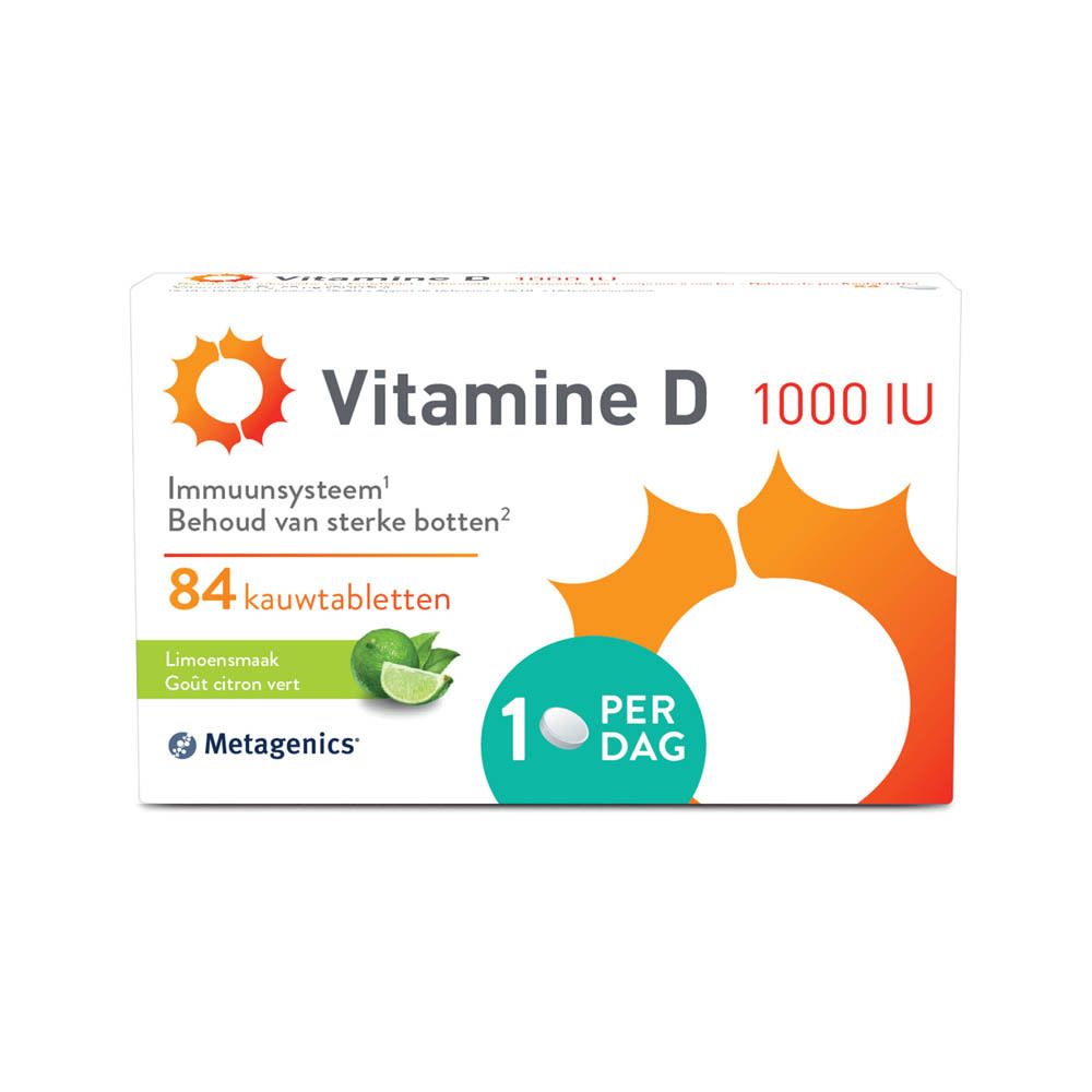 Verpakking Vitamine D 1000 IE. Bevat 84 kauwtabletten. Met Metagenics-logo en symbool citroensmaak.