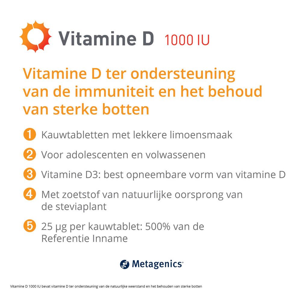 Verpakking Vitamine D 1000 IE. Bevat 84 kauwtabletten. Met Metagenics-logo en symbool citroensmaak.