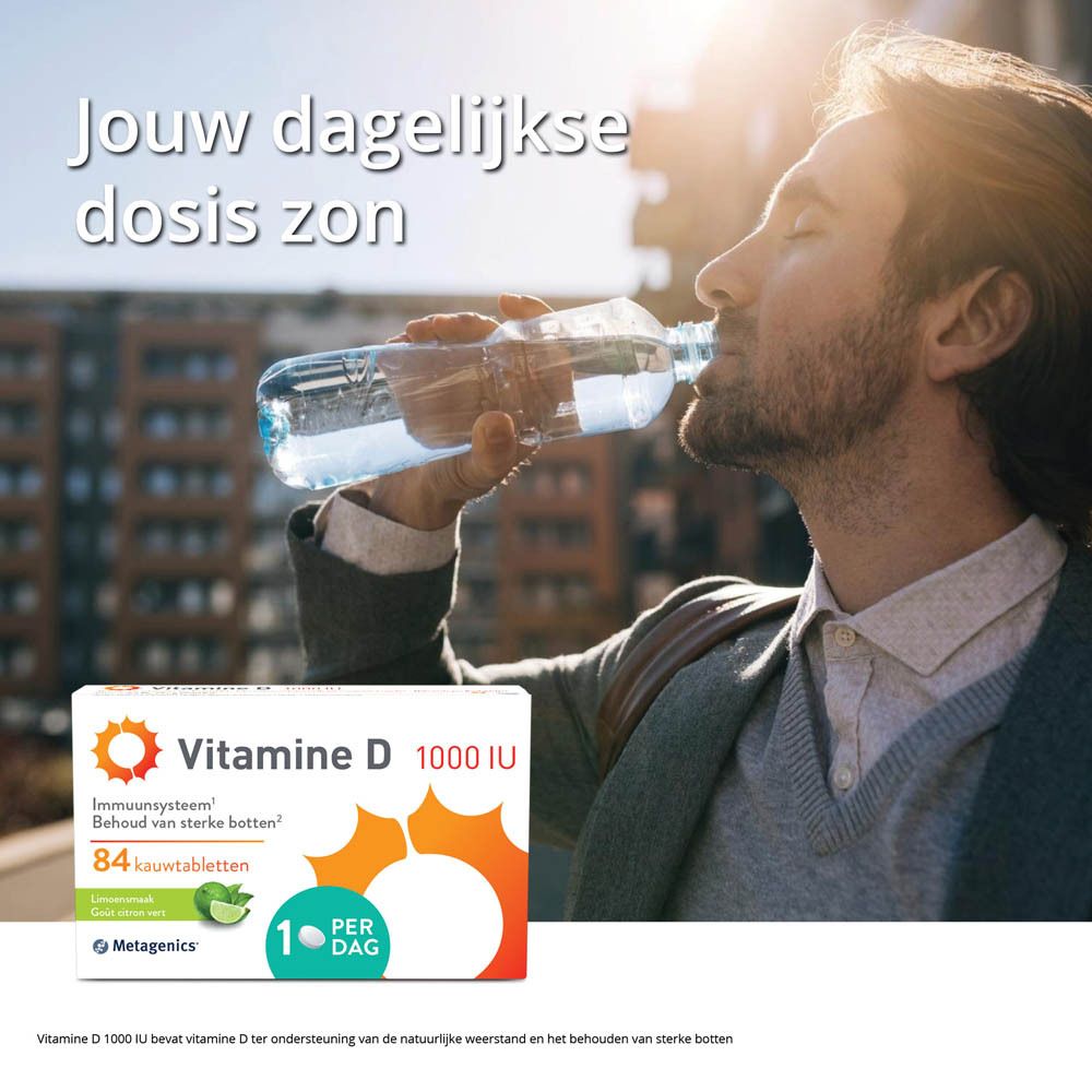 Verpakking Vitamine D 1000 IE. Bevat 84 kauwtabletten. Met Metagenics-logo en symbool citroensmaak.