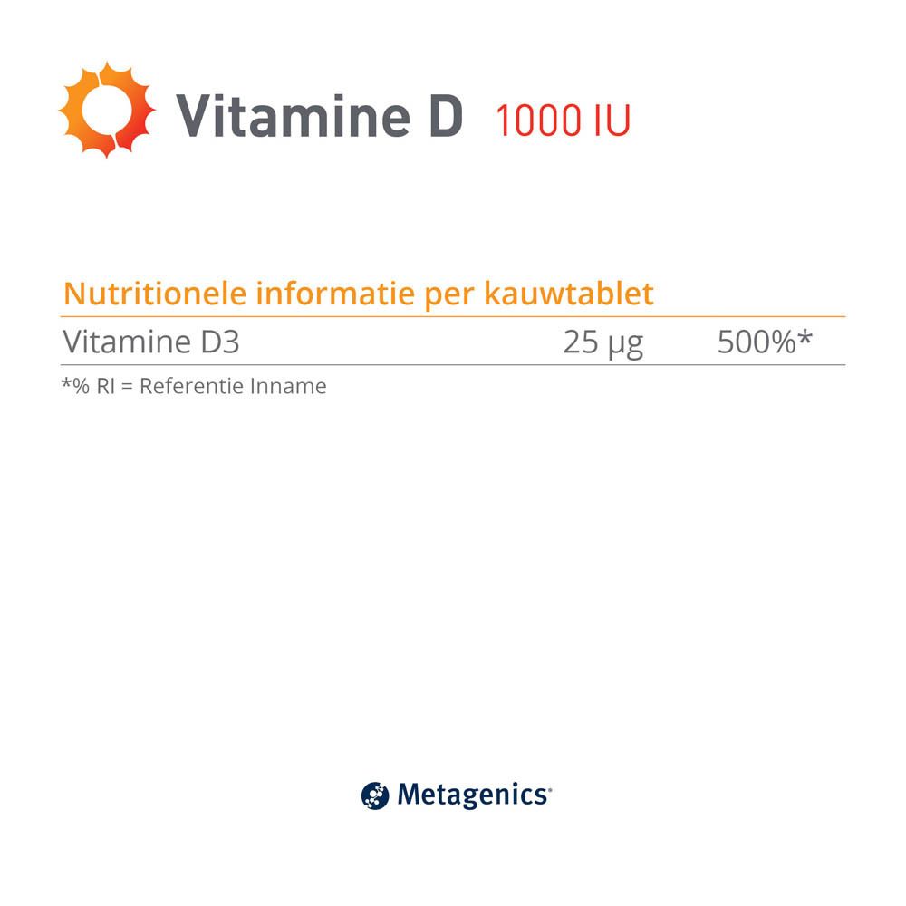 Verpakking Vitamine D 1000 IE. Bevat 84 kauwtabletten. Met Metagenics-logo en symbool citroensmaak.