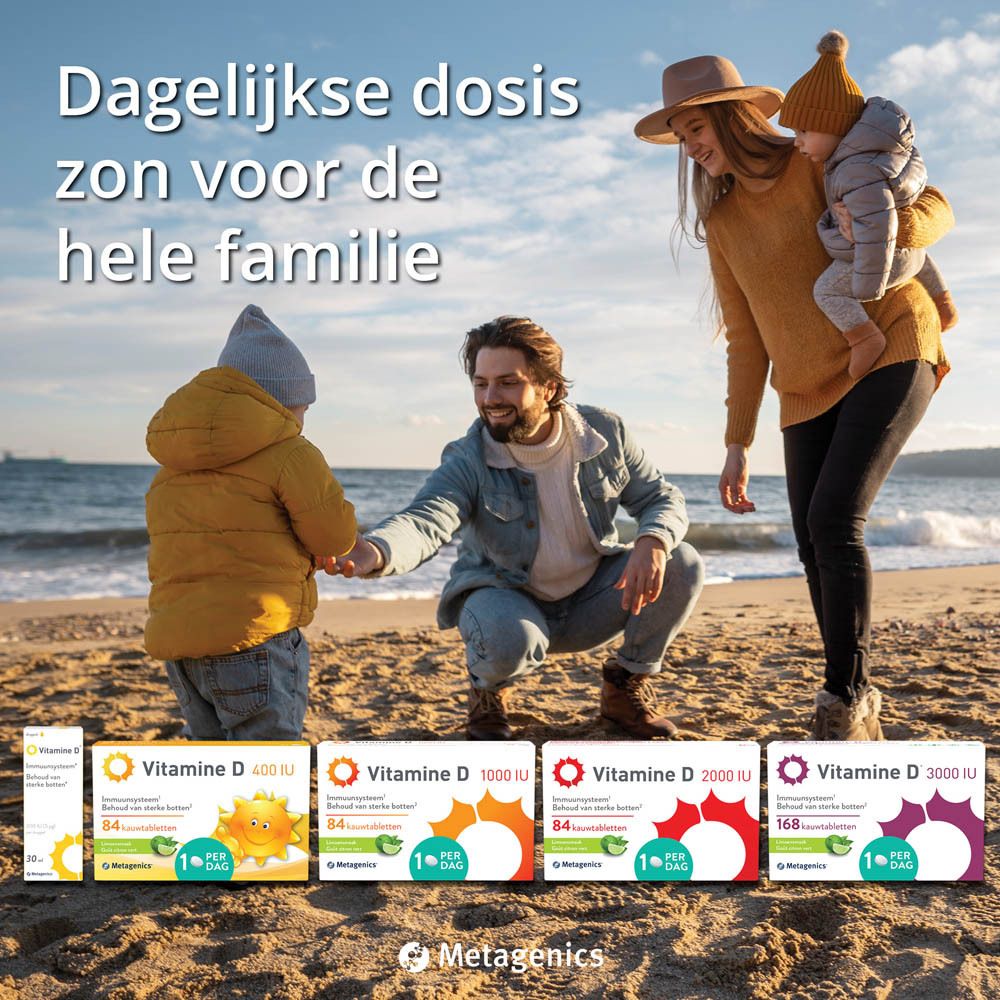 Verpakking Vitamine D 1000 IE. Bevat 84 kauwtabletten. Met Metagenics-logo en symbool citroensmaak.