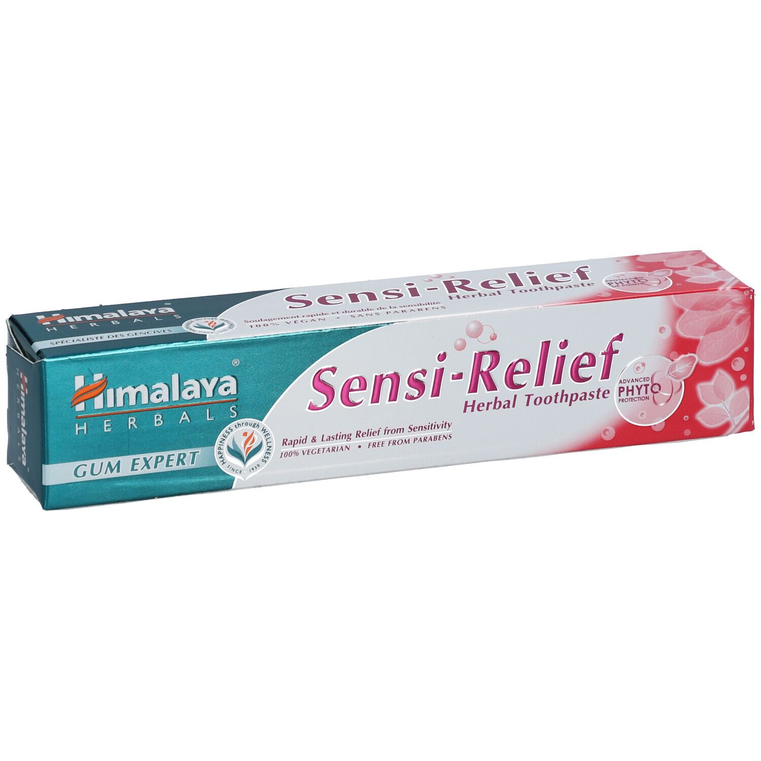 Boîte de dentifrice Sensi-Relief, Herbal Toothpaste. Marque Himalaya Herbals. Design vert et blanc. Vue oblique.