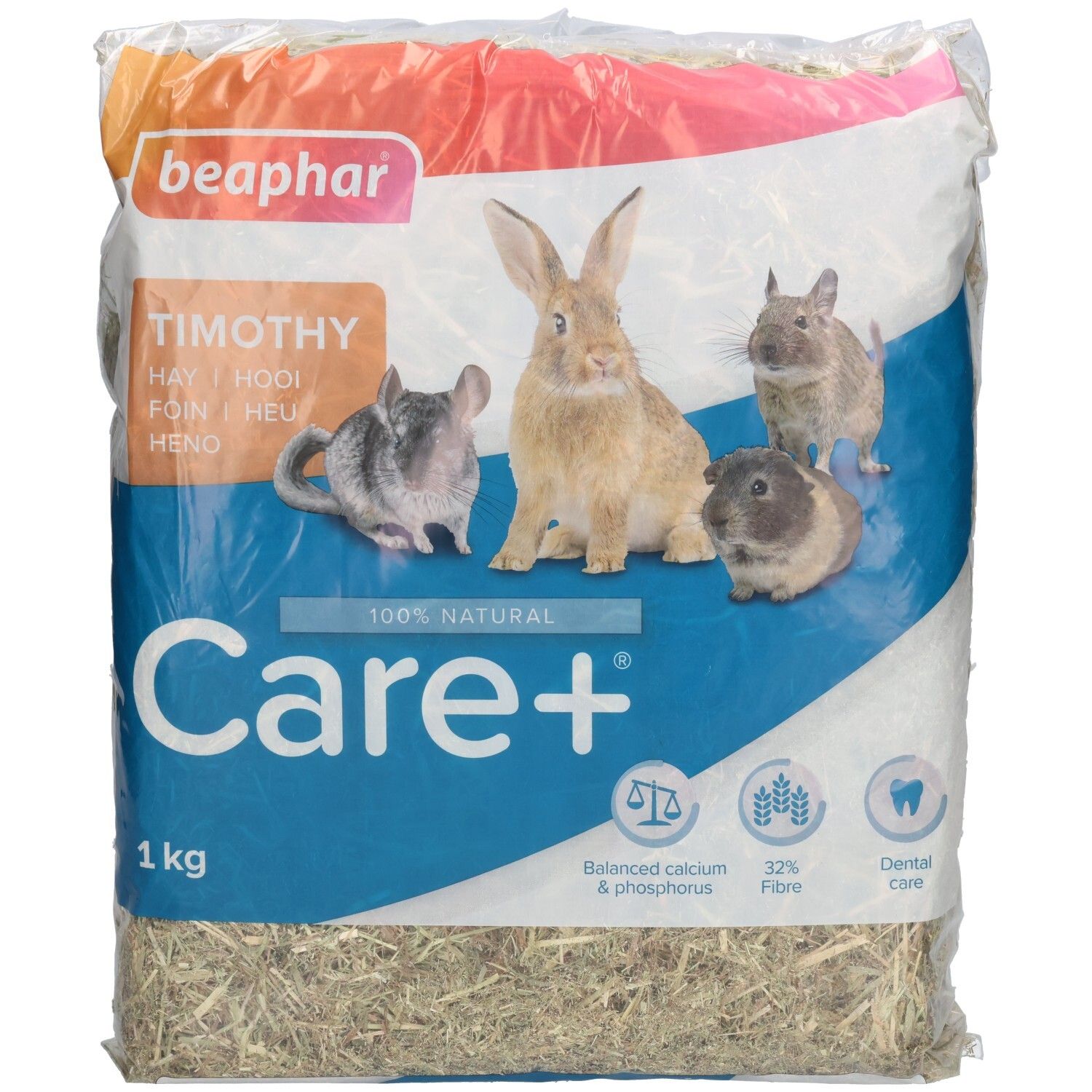 Beaphar Care+ Timothy foin. Illustration d'animaux. 1 kg. 100% naturel. Calcium & phosphore équilibrés.
