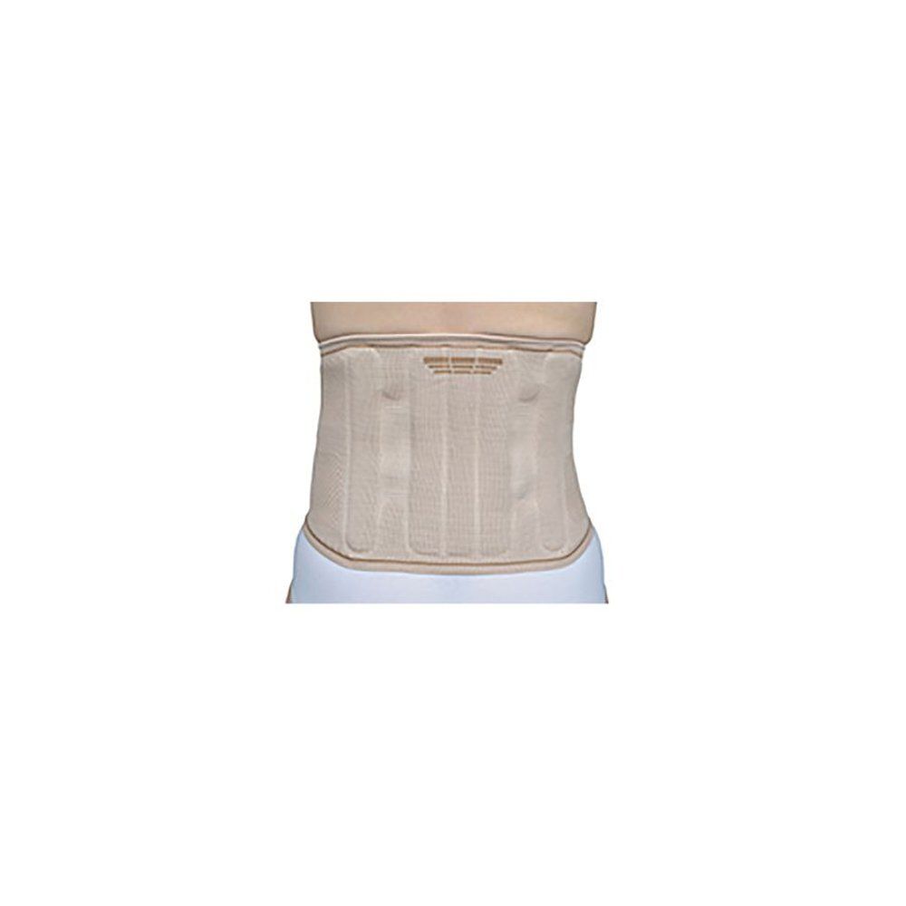 Bota Lumbota, beige rugbrace. Vooraanzicht, gedragen. Met verticale verstevigingen.