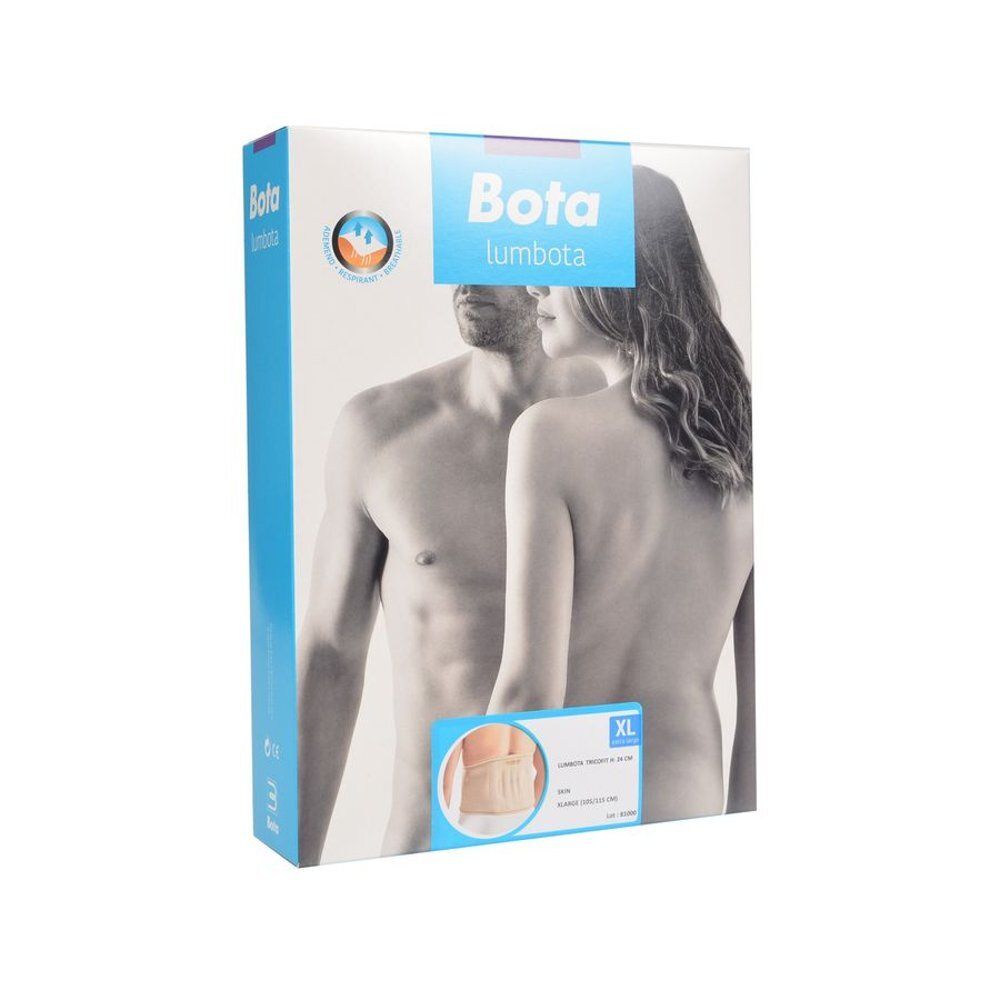 Verpakking van Bota Lumbota. Opschrift: Bota, Lumbota, XL. Afbeelding van man en vrouw. Productafbeelding.
