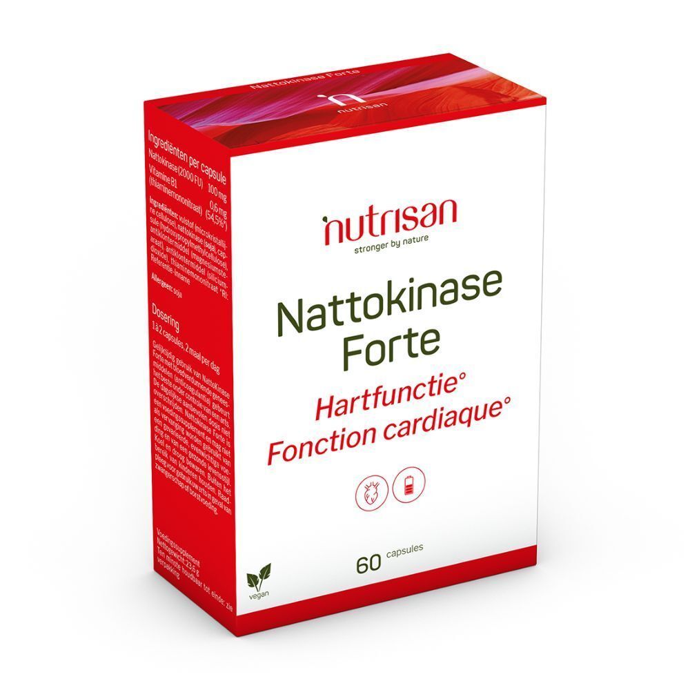 Wit-rode doos Nutrisan Nattokinase Forte. Bevat 60 capsules. Opschrift: Hartfunctie, Fonction cardiaque.